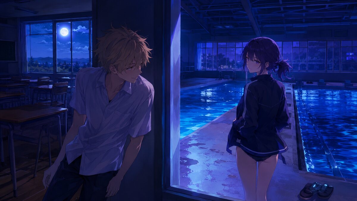 デンジとレゼが夜の学校とプールで青春を過ごすイメージ