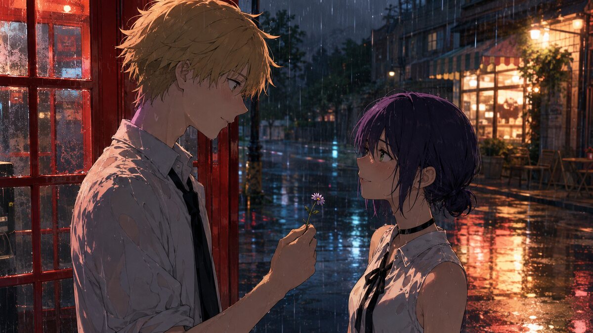 雨の電話ボックスでデンジとレゼが出会う場面を表したイメージ