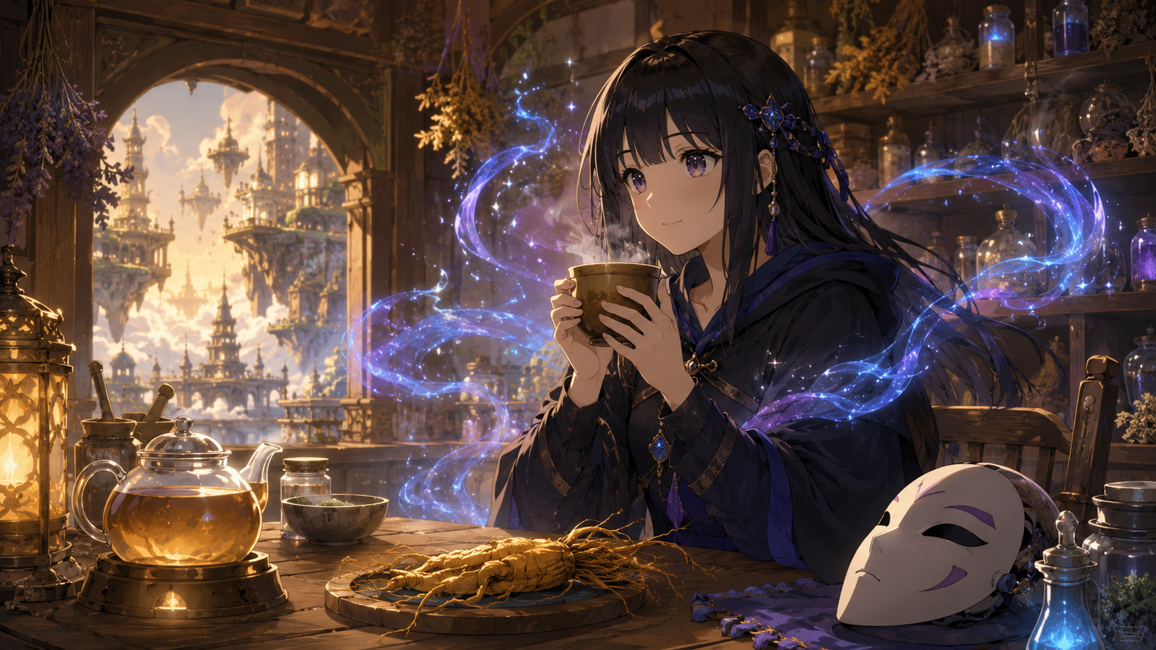 ソーカス草を煎じた茶で体内の魔力を排出するナナホシのイメージ