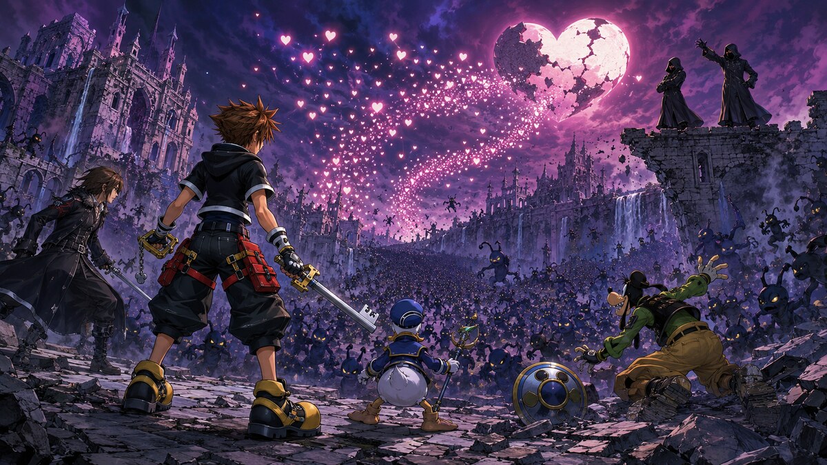 Sora fighting 1,000 Heartless while released hearts feed Organization XIII's Kingdom Hearts