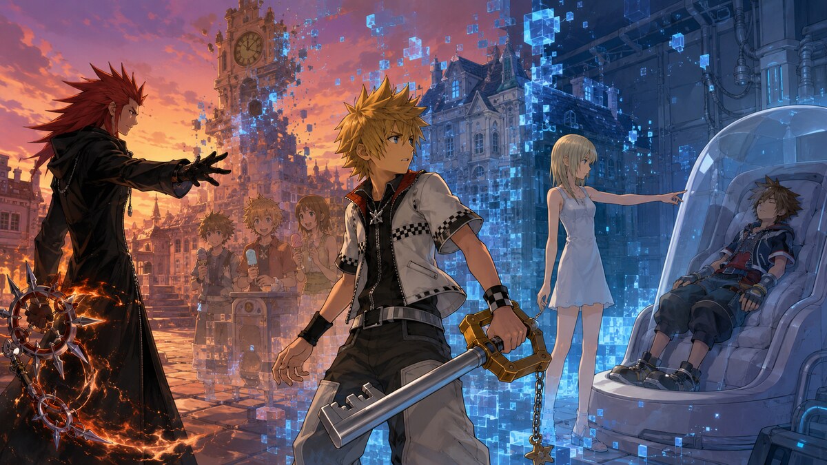 Roxas in the simulated Twilight Town connected to Axel, Namine, and Sora