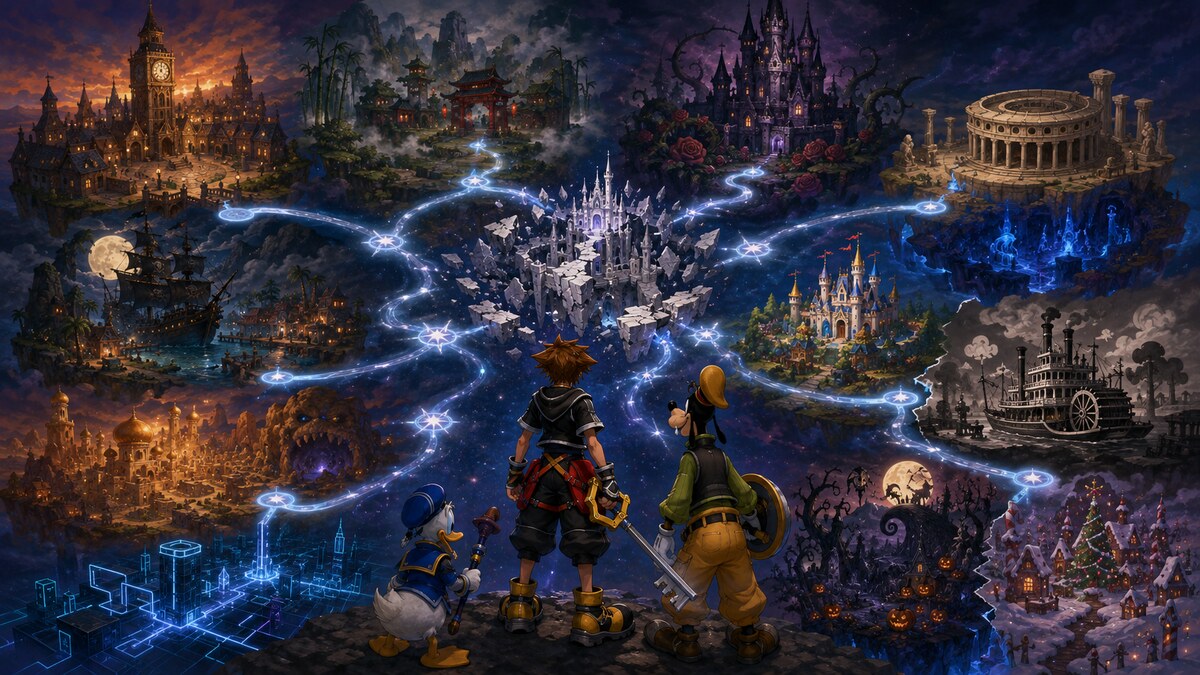 Kingdom Hearts 2 world route connecting Twilight Town, Disney worlds, and Hollow Bastion