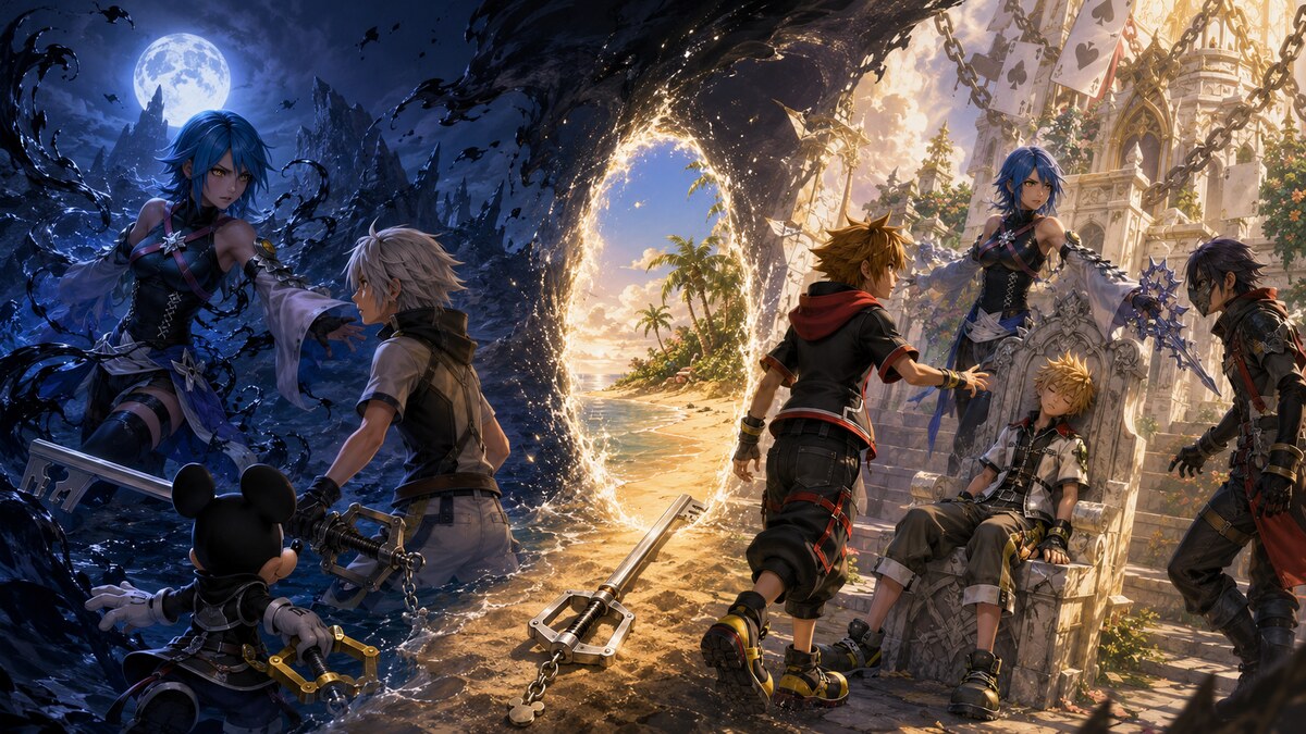 Sora rescuing Aqua from darkness and awakening Ventus at the Land of Departure