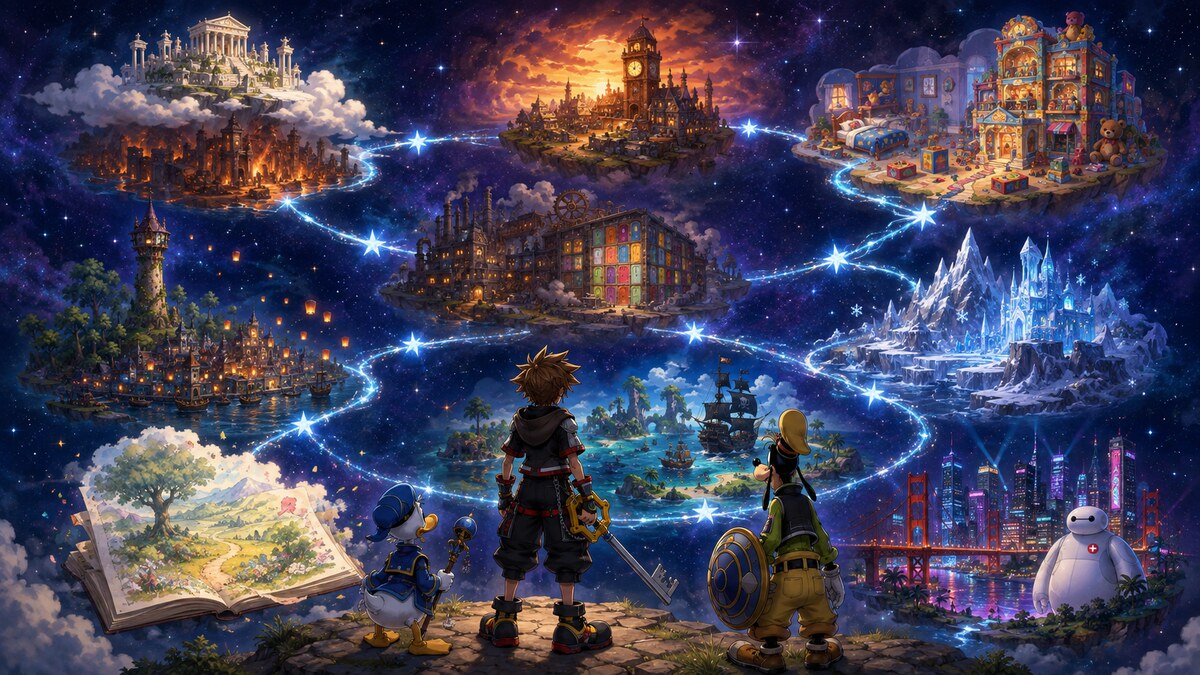 Kingdom Hearts 3 route through Olympus, Toy Box, Corona, Arendelle, the Caribbean, and San Fransokyo
