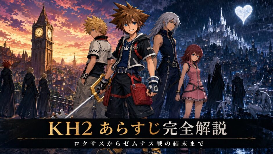『キングダム ハーツII』のあらすじをロクサス、ソラ、リク、カイリとともに解説するアイキャッチ