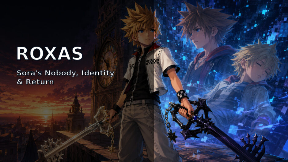 Roxas from Kingdom Hearts with Oathkeeper, Oblivion, and Twilight Town
