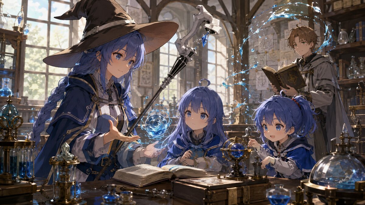 娘ララとリリへ魔術を教えるロキシー