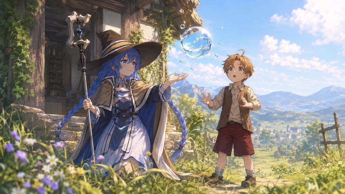 幼いルーデウスへ水魔術を教えるロキシー