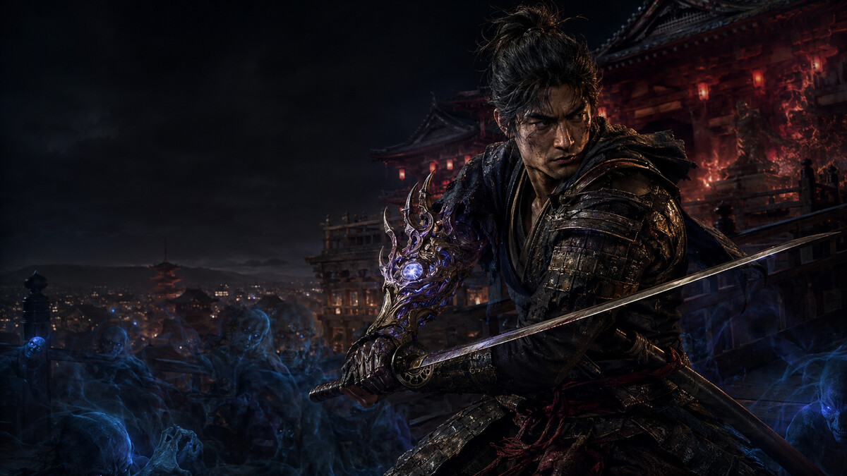 鬼武者 Way of the Swordの宮本武蔵と鬼の篭手をイメージしたイラスト