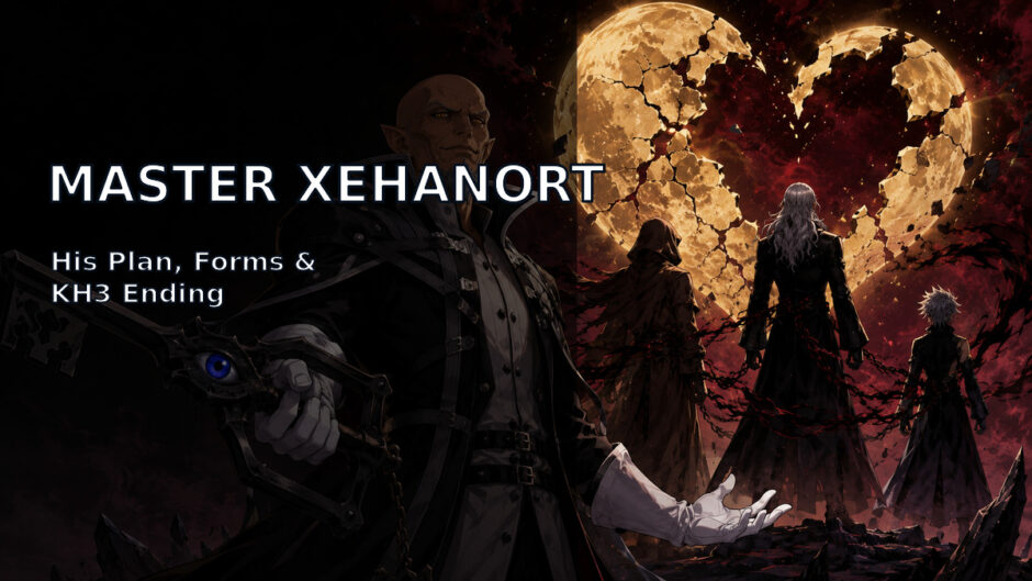 Master Xehanort from Kingdom Hearts with the χ-blade and Kingdom Hearts