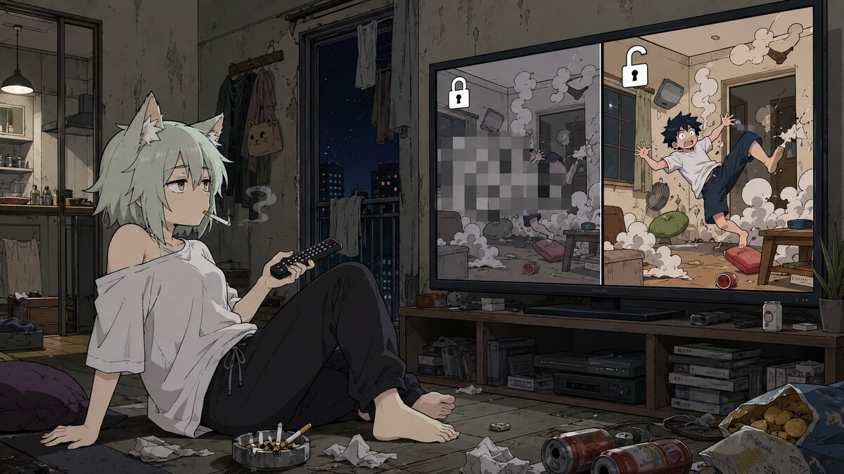 ヤニねこアニメのオンエア版と邪竜解放版の表現差を示すイメージ