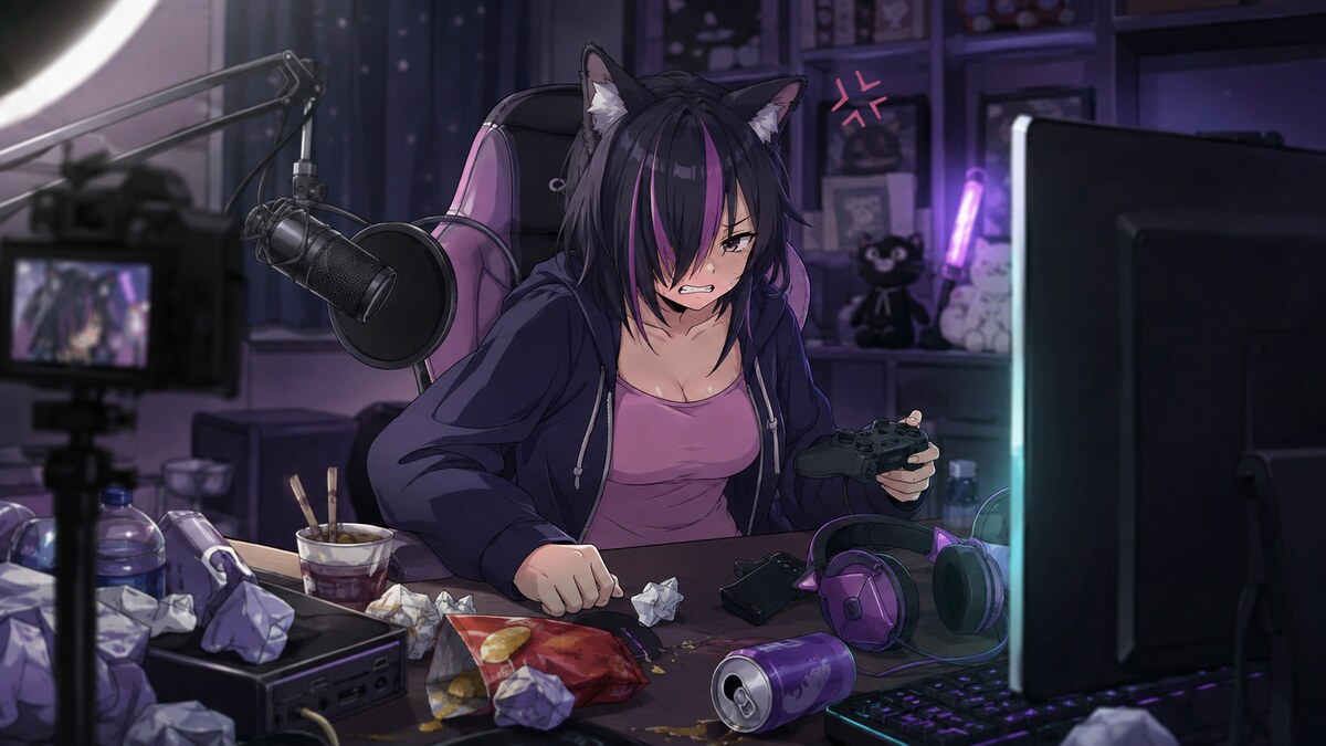 ゲーム配信中に感情を爆発させるハメねこのイメージ