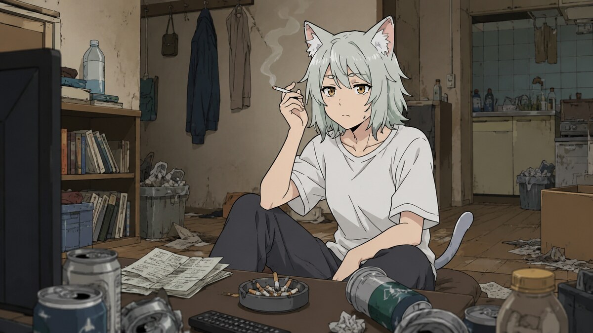汚れた部屋でタバコを優先して暮らす佐藤ヤニ子のイメージ