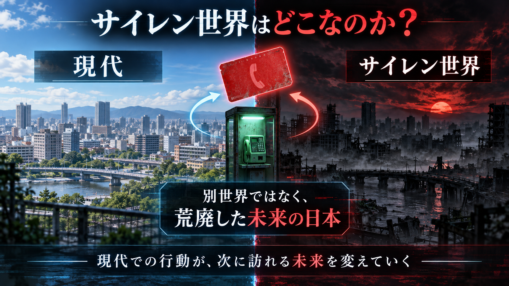 現代と荒廃した未来の日本であるサイレン世界のつながりを示した図