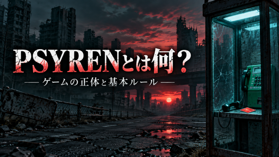PSYRENの赤いテレホンカードと荒廃した未来を描いたアイキャッチ