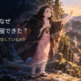 朝日の中へ手を伸ばす禰豆子と「太陽を克服できた理由は公式に確定しているのか」の文字
