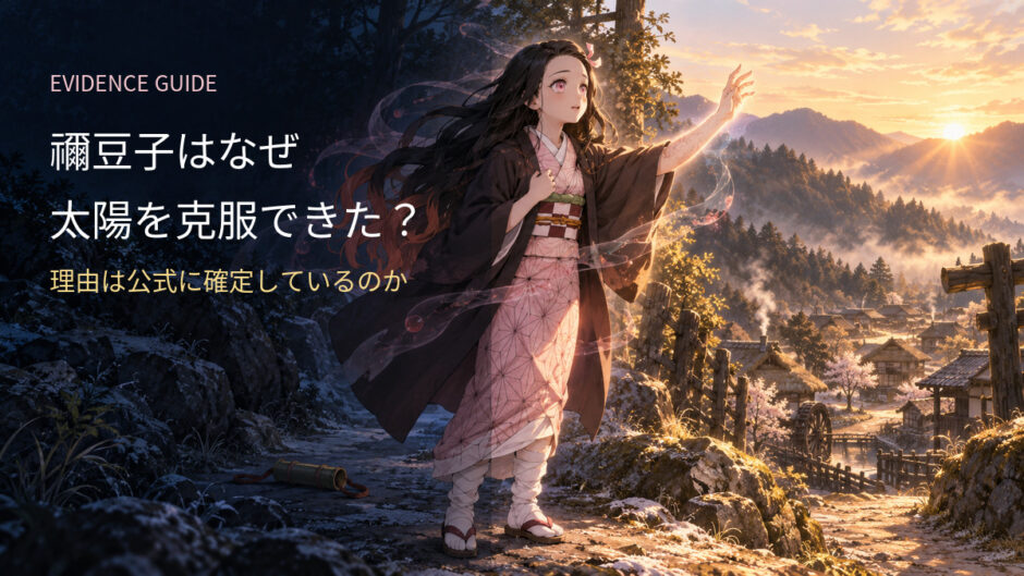 朝日の中へ手を伸ばす禰豆子と「太陽を克服できた理由は公式に確定しているのか」の文字