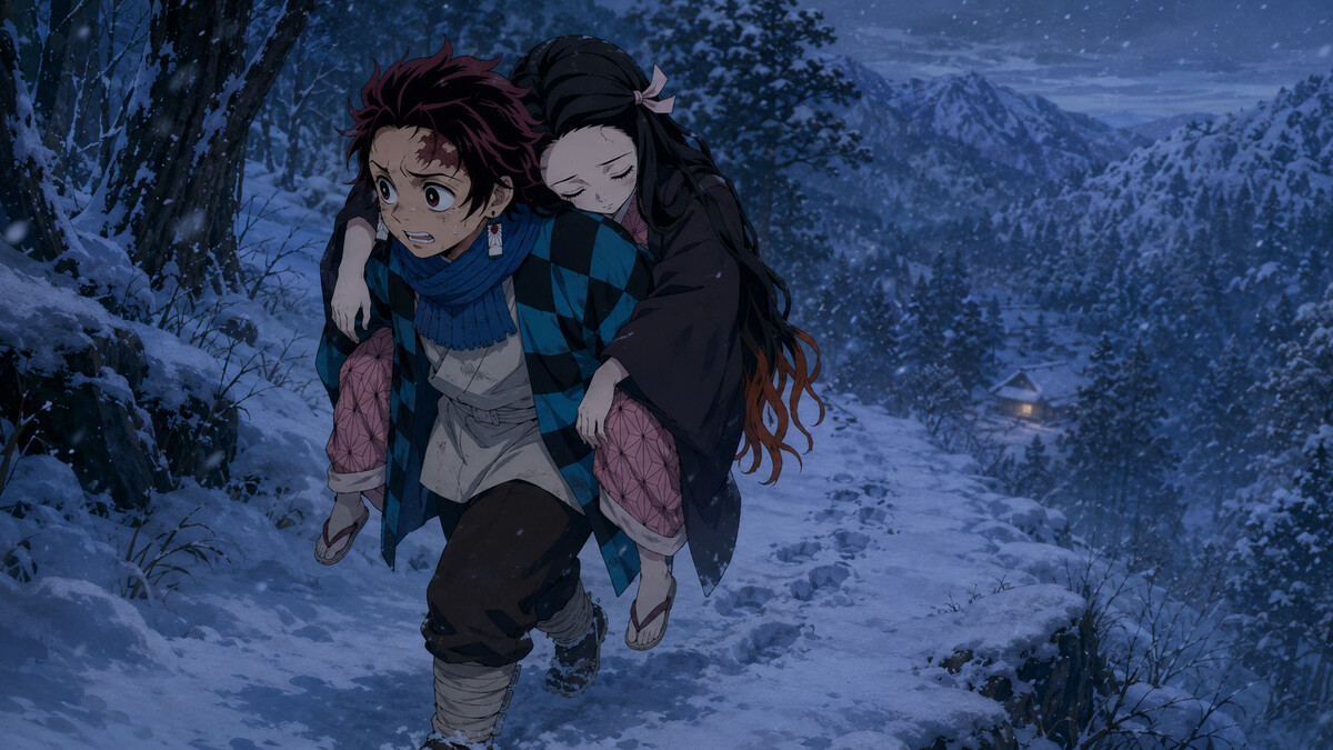 雪山で禰豆子を背負う炭治郎と鬼滅の刃の物語の始まり