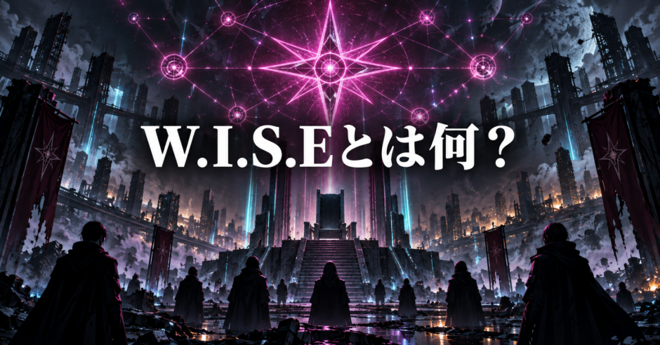 W.I.S.Eとは何かを示す、荒廃した都市と星形の組織網のイメージ